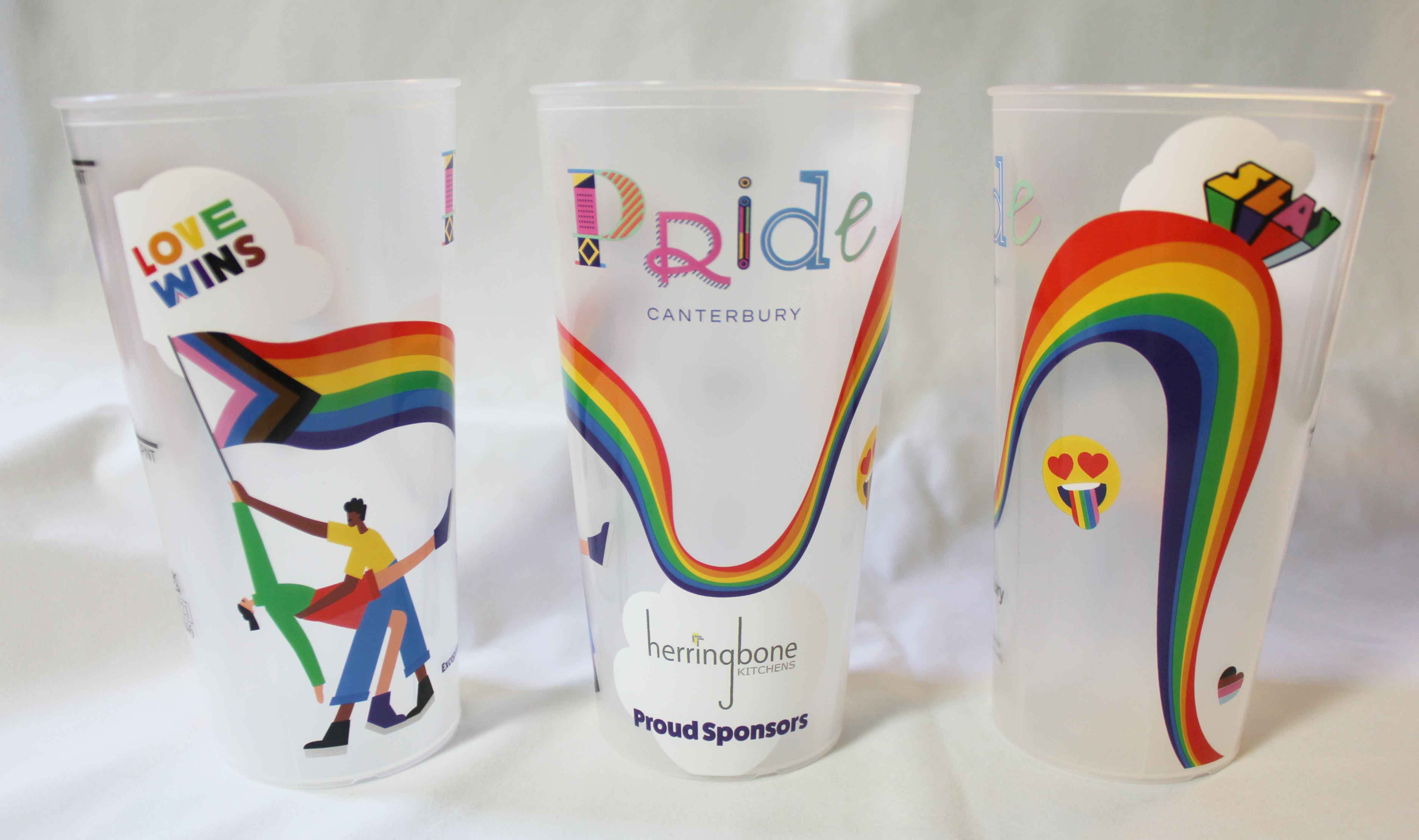 Full-colour printed reusable event cups showing edge-to-edge branding